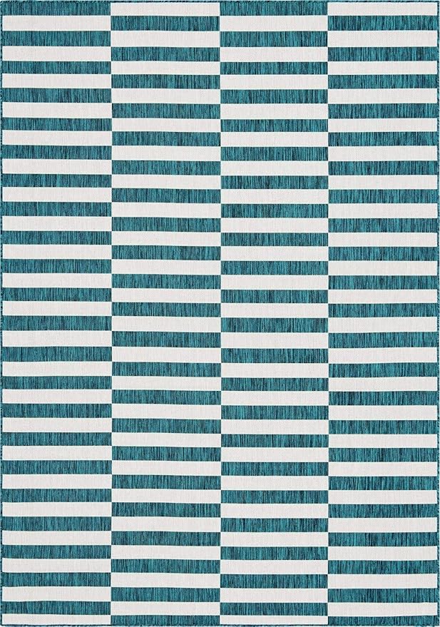 Unique Loom Outdoor Striped Collection Area Rug - Striped (7' 1" x 10' Rectangle, Teal/Ivory)
