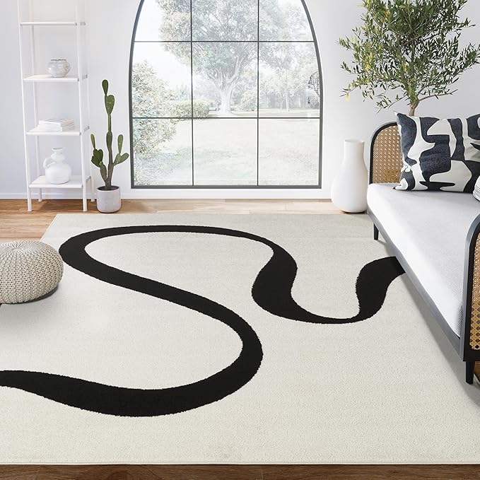 Abani Abstract Beige/Black Area Rug - 2' x 3' - Modern Curved Line Design - Deco Collection - Easy to Clean - Durable for High Traffic Areas - Bedroom, Office & Kitchen - Medium Pile