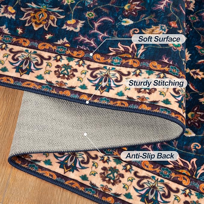 Tangsoo 5x7 Washable Rug, Floral Vintage Large Area Rugs for Living Room, Indoor Non Slip Print Floor Carpet, Soft Low Pile Machine Washable Rug for Bedroom Dining Room Dorm Home Decor Navy Blue