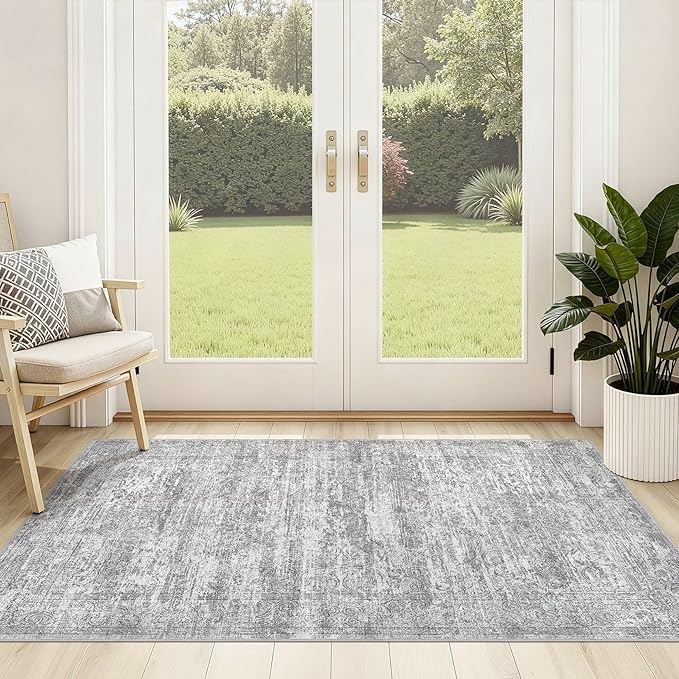 Washable Area Rug: 3x5 ft Abstract Small Rugs for Entryway Kitchen Living Room Bedroom - Non Slip Modern Neutral Carpet Indoor Front Door - Vintage Grey