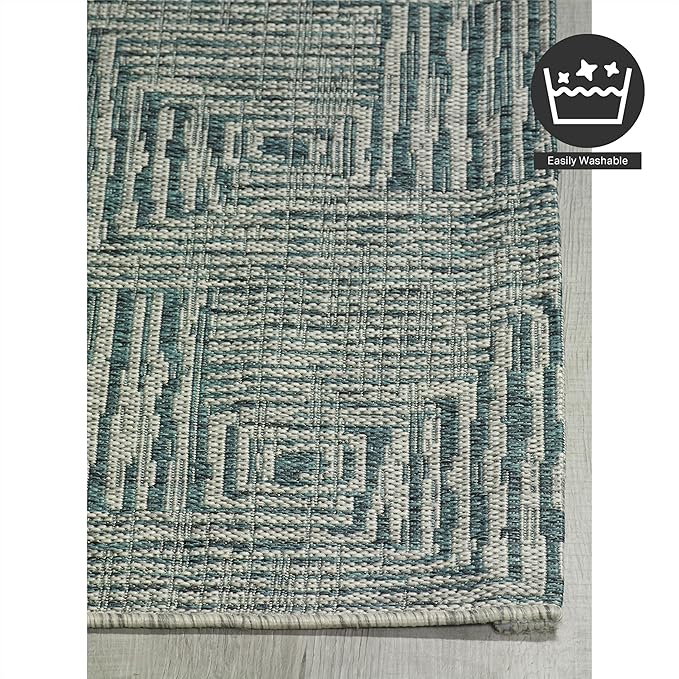 FH Home Outdoor Rug - Waterproof Easy to Clean Stain Resistant - Patio Indoor Outdoor Porch Deck Balcony Entryway - Geometric Modern - Budapest - Aqua - 7ft 8in x 9ft 8in