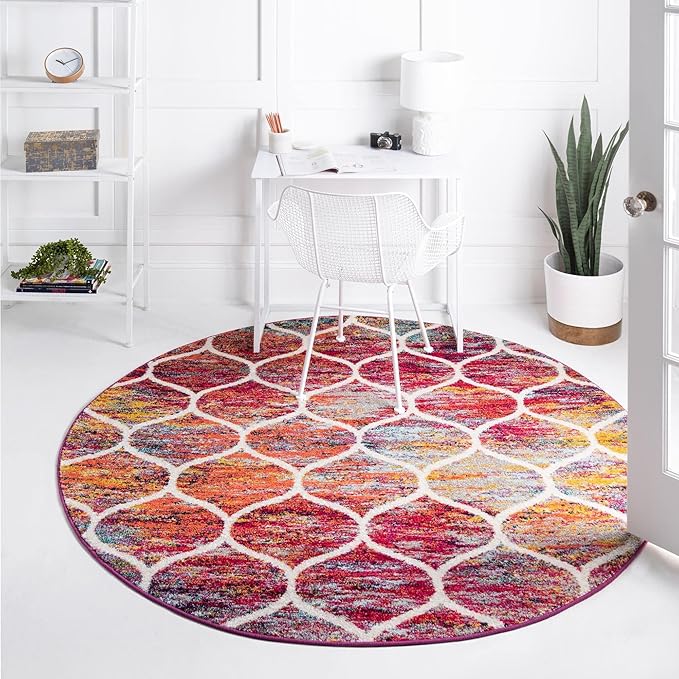 Rugs.com Lattice Frieze Collection Rug – 4' Round Multi Medium Rug Perfect for Kitchens, Dining Rooms