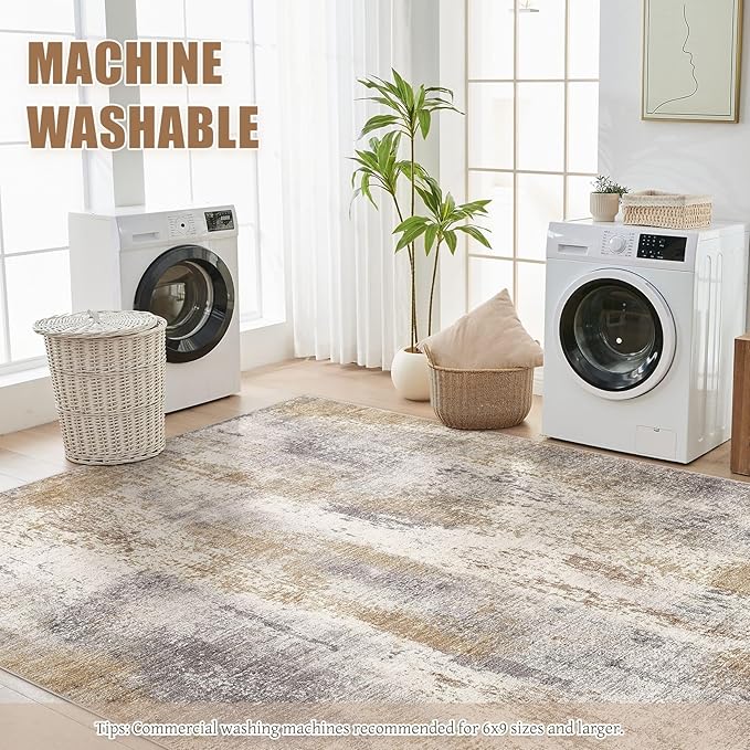 Area Rug Living Room Rugs - 8x10 Washable Large Soft Indoor Neutral Modern Abstract Low Pile Rug Carpet for Bedroom Dining Room Farmhouse Home Office - Brown Grey