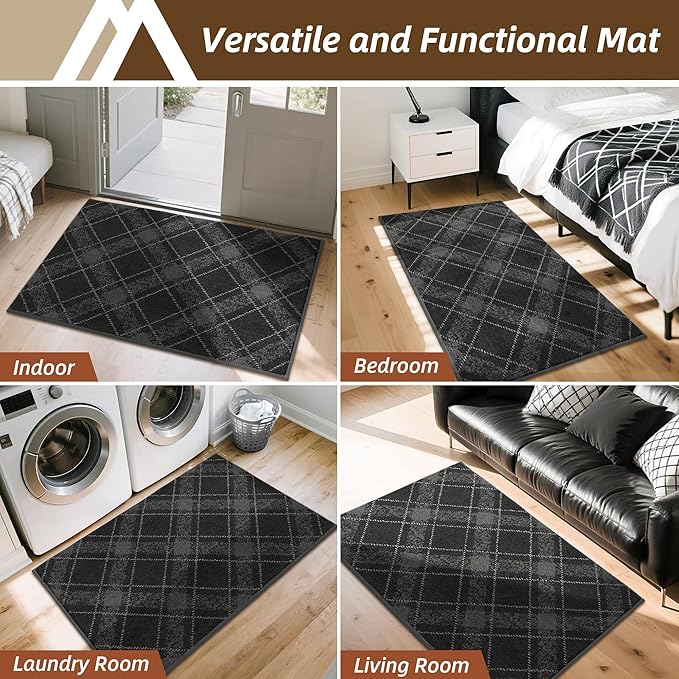 COSY HOMEER Plaid Door Mat 32" x 48",Dirt Trapper Entryway Rugs,Non-Slip Washable Farmhouse Doormat,Low Profile Welcome Mats for Paws Dark Grey