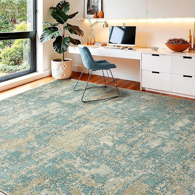WITSHOCK Living Room Area Rugs 8x10：Modern Abstract Machine Washable Large Rug for Bedroom Dining Room Non-Slip Stain Resistant Home Office Decor,Teal Brown