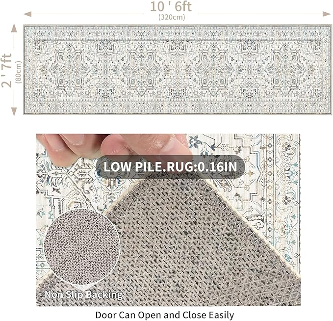 Enkor Runner Rugs for Hallway, 2.6x10.5 Washable Soft Non Slip Floor Rugs for Kitchen, Modern Mat for Living Room Bedroom Entryway White & Grey