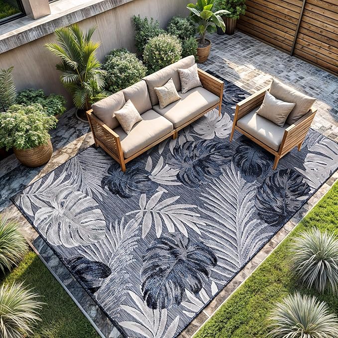 CAMILSON Indoor Outdoor Rug, Navy Blue 6’x9’ Leaf Tropical Botanical Area Rugs for Indoor and Outdoor patios, Easy-Cleaning Non-Shedding Living Room, Garden and Kitchen Washable Outside Carpet (6x9)