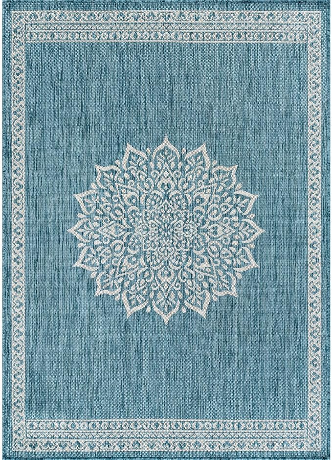 CAMILSON Outdoor Rug 6x9 Medallion Aqua Modern Area Rugs for Indoor and Outdoor Patios Kitchen and Hallway Mats Washable Porch Deck Outside Carpet (Medallion Aqua 6 x 9)