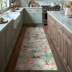 Floral Runner Rug 2x7 Washable Hallway Long Green Bedroom Carpet Non Slip Indoor Boho Kitchen Low Pile Accent Rug Lightweight Soft for Bathroom Dining Laundry Living Room