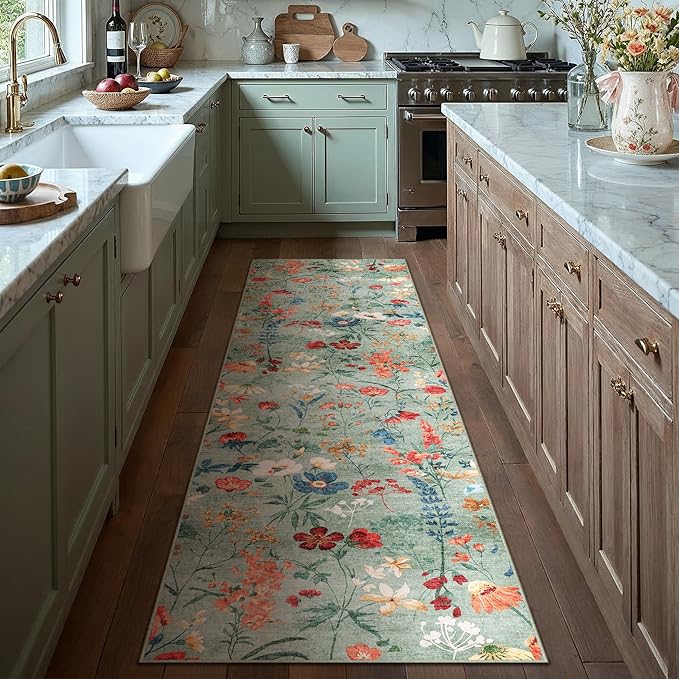 Floral Runner Rug 3x7 Washable Hallway Long Green Bedroom Carpet Non Slip Indoor Boho Kitchen Low Pile Accent Rug Lightweight Soft for Bathroom Dining Laundry Living Room