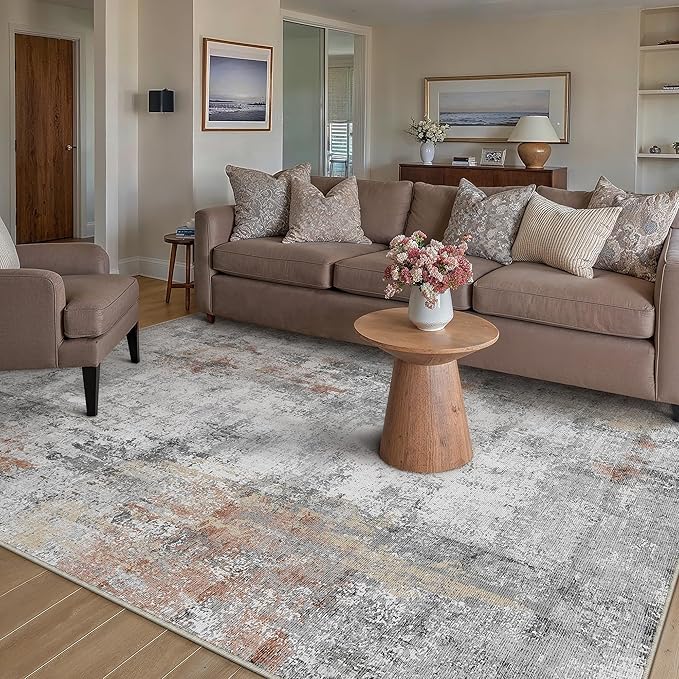 6x9 Washable Area Rug Grey Rust Abstract Living Room Bedroom Carpet Neutral Modern Non-Slip Soft Low Pile Lightweight Vacuumable Throw Rug for Dining Room Kitchen