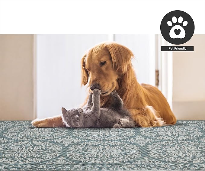 FH Home Flat Woven Outdoor Rug - Waterproof, Easy to Clean, Stain Resistant - Premium Polypropylene Yarn - Farmhouse - Patio, Porch, Deck, Balcony - Marbella - Ocean - 5ft 4in x 7ft 6in