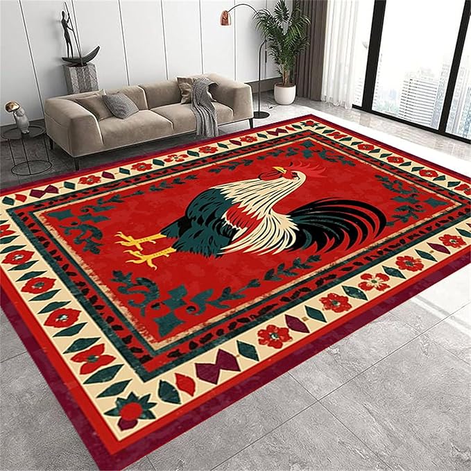 Vintage Rooster Area Rug,3x5ft,Beautiful Floral Border Country Style Rooster Rug，Colorful Retro Home Decoration Rugs，Washable Carpet for Living Room Bedroom Kitchen Farmhouse Office