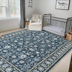 LIVEBOX Washable Area Rug 8x10 - Large Blue Boho Living Room Rug Vintage Rugs for Bedroom, Non-Slip Retro Floral Carpet Print Distressed Accent Rugs for Dining Room Home Office