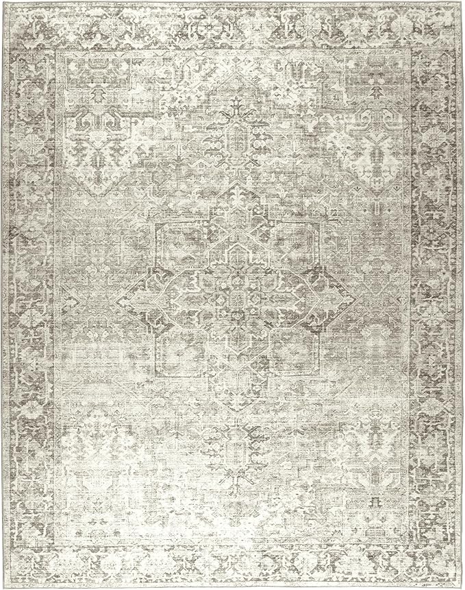 ReaLife Rugs Machine Washable Area Rug - Living Room Bedroom Bathroom Kitchen Entryway Office - Padded Low Pile Stain Resistant Premium - Boho Farmhouse Vintage - Lyle - Beige Ivory 4' x 6'