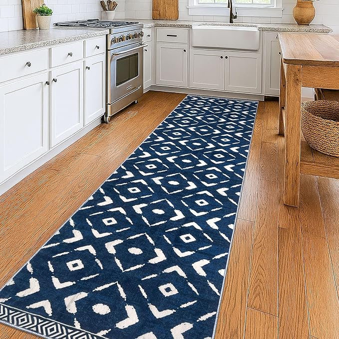 KILOCOCO Hallway Runner Rug 3x10 Runners for Hallways Washable Runner Soft Non Slip Printed Geometric Rubber Backed Low-Pile Rug Runners for Bedroom Kitchen Living Room Boho Rugs, Blue