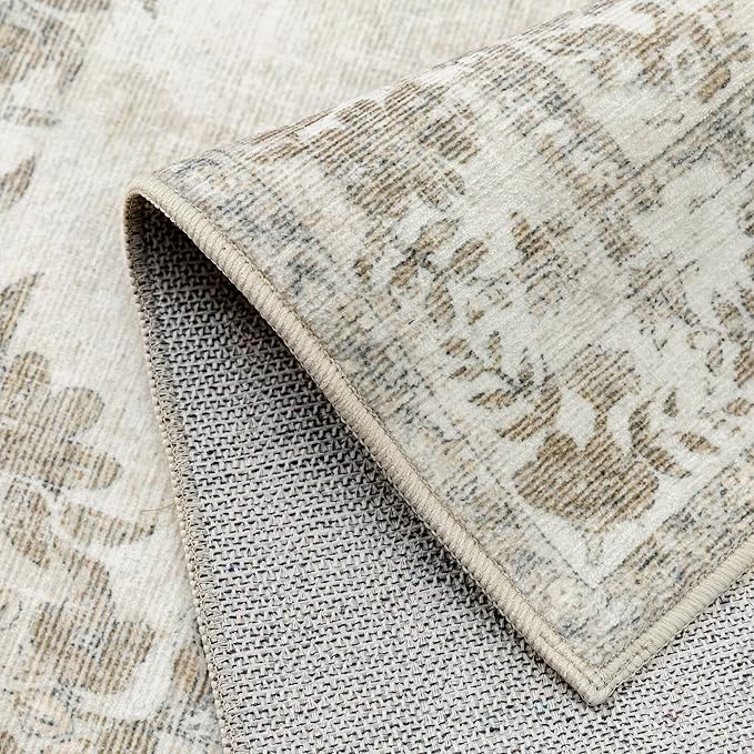 2x6 Runner Rug Beige Washable Hallway Kitchen Bedroom Vintage Distressed Bathroom Non Slip Medallion Floral Carpet Indoor Retro Throw Floor Mat for Office Dining Laundry Living Room