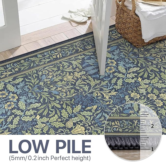Bavni Floral Dark Blue Area Rugs 5x7, Vintage Boho Carpet Machine Washable, Non Slip Soft Low Pile Thin Rug for Bedroom, Living Room, Dining Room, Nursery