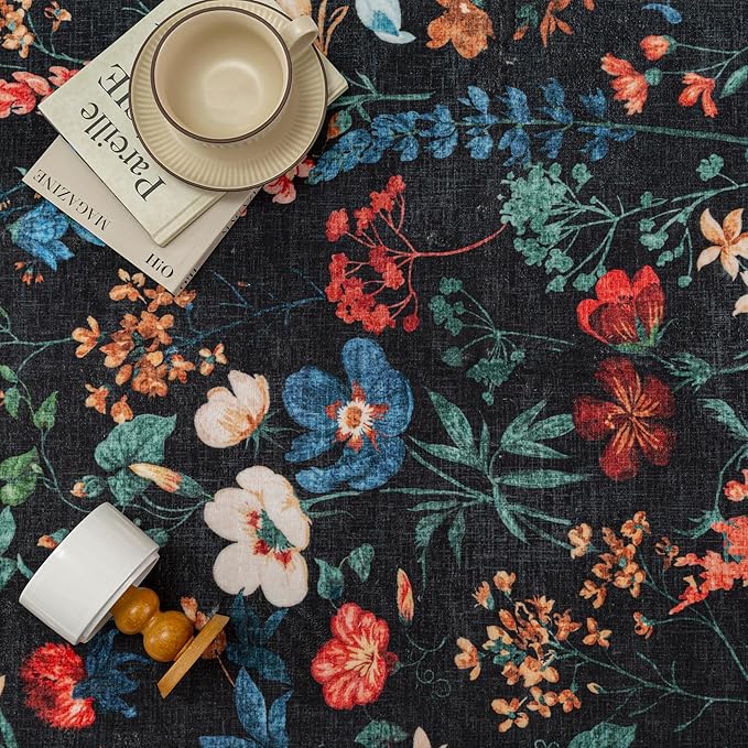 Floral Runner Rug 3x10 Washable Hallway Long Black Bedroom Carpet Non Slip Indoor Boho Kitchen Low Pile Accent Rug Lightweight Soft for Bathroom Dining Laundry Living Room