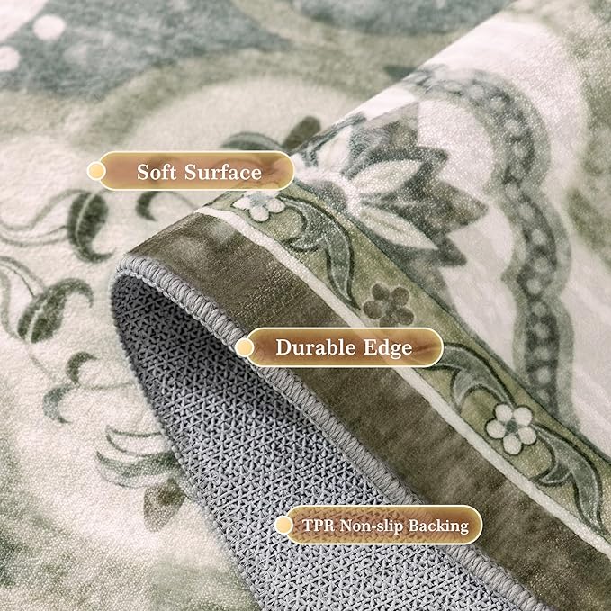 EnHomee Area Rugs 3x5, Soft Washable Rugs for Living Room Bedroom, Boho Non Slip Low Pile Stain Resistant Washable Rug Large Carpet for Dining Room,Easy to Clean Living Room Rug, Green