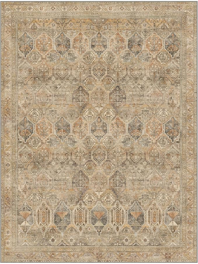 Bavni Washable Rug 3x5 Area Rug for Living Room Bedroom Dining, Washable Vintage Print Carpet, Ultra-Thin Chenille Low Pile Lightweight Rug with Non Slip Backing, Wood