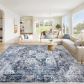 Area Rug 9x12 Washable Rug, Vintage Boho Medallion Rugs Non-Slip Soft Low Pile Large Distressed Rug Indoor Retro Carpet for Living Room Bedroom Dining Room Home Office (Blue, 9'x12')