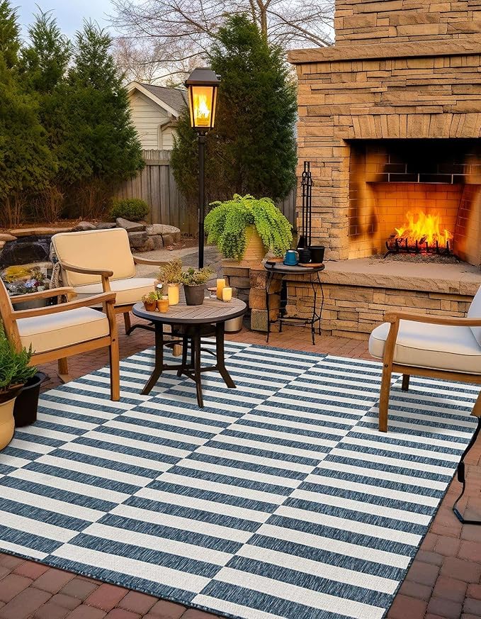 Unique Loom Outdoor Striped Collection Area Rug - Striped (6' 1" Square Blue/Ivory)