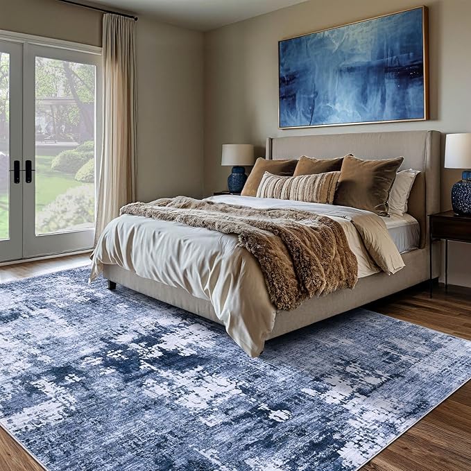 Area Rug Living Room Rugs - 8x10 Washable Large Soft Indoor Neutral Modern Abstract Low Pile Rug Carpet for Bedroom Dining Room Farmhouse Home Office - Navy Blue