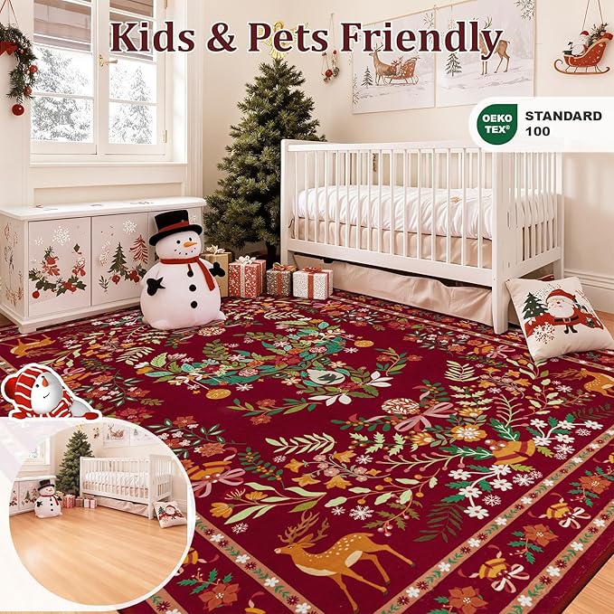 6x9 Area Rugs Living Room Rug: Christmas Washable Rug Floral Soft Carpet Indoor Floor Non-Slip Boho Stain Resistant Large Carpets for Bedroom Kids Nursery Dining Room Farmhouse Home Office Red