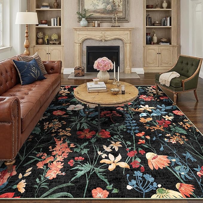 Black Area Rug 8x10 Floral Washable Living Room Kitchen Boho Carpet Non Slip Low Pile Indoor Accent Lightweight Soft Throw Rug for Bedroom Office Dining Room Nursery Farmhouse