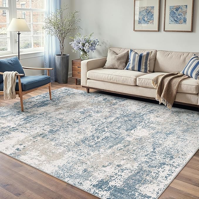 Blue 4x6 Area Rug Washable Abstract Office Carpet Modern Neutral Non Slip Indoor Entry Soft Low Pile Contemporary Aesthetic Door Mat Bedroom Throw Rug for Kitchen Laundry Dining Room