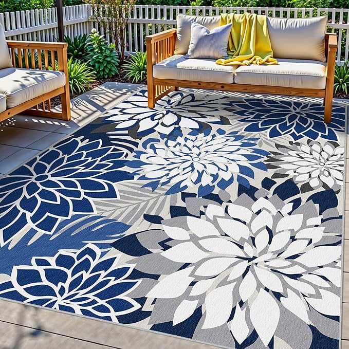 Colorful 8x10 Outdoor Area Rug Washable Multicolored Patio Rug Tropical Botanical Floral Chenille Waterproof Outdoor Carpet Non-Slip for Deck, Backyard, Porch, Blue