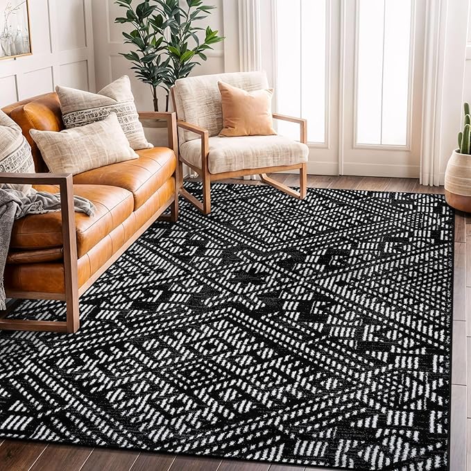Rugshop Boho Black Tribal Area Rug 5x7 Modern Indoor Carpet for Living Room, Bedroom, or Entryway – Non-Shedding, Low Pile Geometric Design 5' x 7'