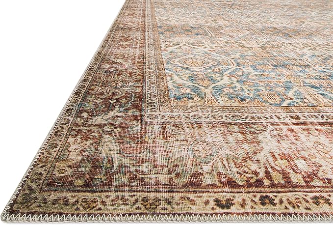 Loloi Layla Collection LAY-04 Ocean/Rust 7'-6" x 9'-6" .13" Thick Area Rug, Soft, Durable, Vintage Inspired, Distressed, Low Pile, Non-Shedding, Easy Clean, Printed, Living Room Rug
