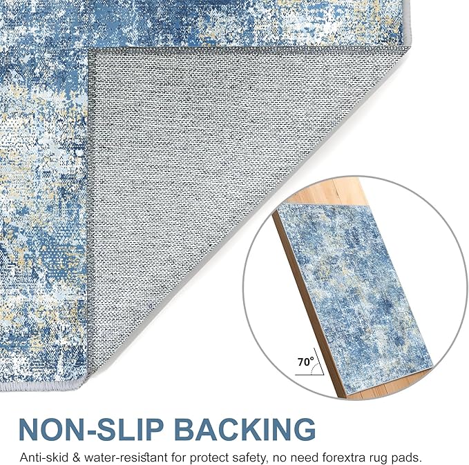 Bavni 6x9 Area Rugs Machine Washable Rug for Living Room, Modern Printed Rug Indoor Soft Area Rug for Bedroom Dining Room, Ultra-Thin Low Pile Carpet with Non Slip Rubber Backing, Denim Blue