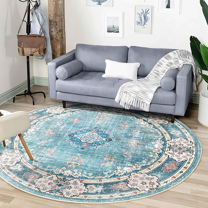 MUJOO Teal Round Rug 6ft,Circle Washable Area Rugs for Bedroom Living Room Bathroom,Boho Large Non Slip Circular Carpet,Floral