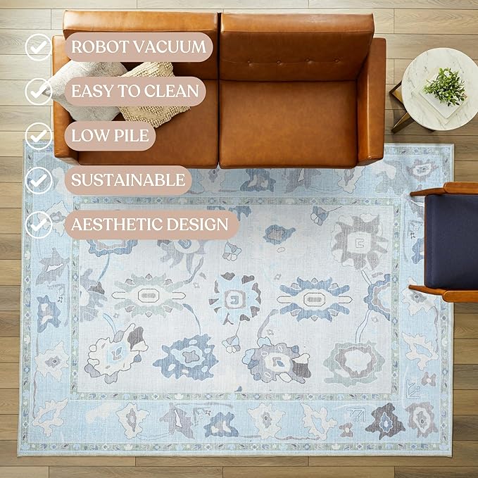 Fame Living Cream Blue Oushak Rug, Modern Rugs, Vintage, Turkish, Eclectic, Floral, Pastel, Washable, Small Throw, Accent Area Rug for Living Room, Bedroom, Kitchen, Bathroom, 2'5"x4'9"