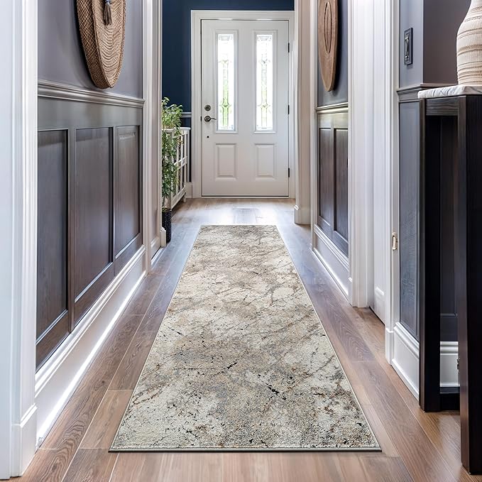 Rugshop Drifted Marble Abstract Area Rug Durable, Kid & Pet Friendly Gray, Ivory, Neutral Tones 2' 3" x 12' Runner Ideal for Hallway, Kitchen, Entryway, or Behind The Sofa