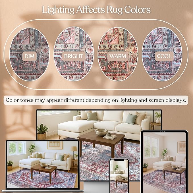 Washable Area Rug. Modern Farmhouse. Vintage. Turkish. Bohemian. Distressed. Oriental. Traditional. Rugs for Living Room. Dining. Bedroom. Office. Entryway. Foyer. (858RM, 2'5" x 6'5")