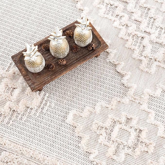 Hauteloom Rosales Farmhouse Living Room Bedroom Modern Moroccan Medallion Area Rug - Soft Shaggy High Low Carpet - High Pile - Bohemian, Boho - White, Beige, Cream - 6'7" x 9'