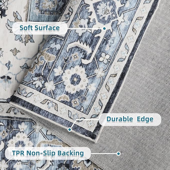Dripex Vintage 5x7 Area Rugs - Large Washable Area Rug for Living Room Bedroom Oriental Medallion Floral Print Floor Carpet Low-Pile Indoor Soft Non-Slip Accent Rug Farmhouse Home Office Decor
