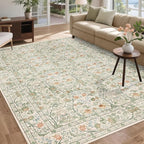 Washable Living Room Rug: 9x12 Boho Floral Soft Area Rug for Bedroom Decor - Vintage Low Pile Thin Carpet for Dining Room Non-Slip - Farmhouse Stain Resistant Rugs - Beige Green
