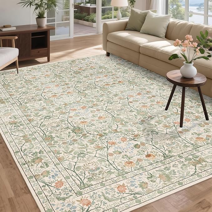 Washable Living Room Rug: 8x10 Boho Floral Soft Area Rug for Bedroom Decor - Vintage Low Pile Thin Carpet for Dining Room Non-Slip - Farmhouse Stain Resistant Rugs - Beige Green