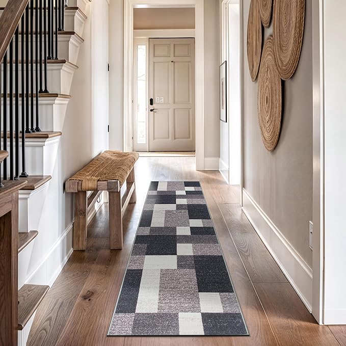 Rugshop Modern Boxes Design Non-Slip (Non-Skid) Carpet for Hallway,Entryway,Kitchen Runner Rug 2'7" x 8' Gray