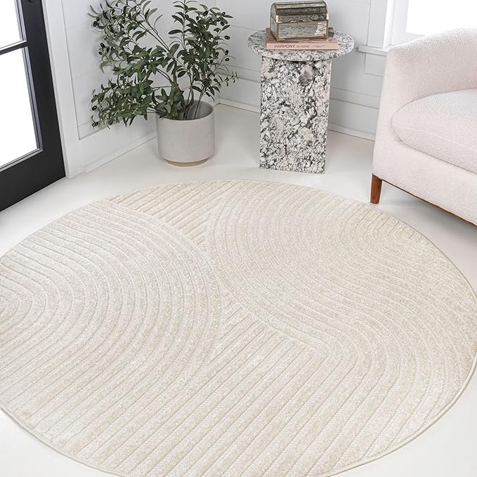 JONATHAN Y Hallie High-Low Curve Ivory/Cream 6' Round Indoor/Outdoor Area Rug, Minimalist, Pet Friendly, Non-Shedding, Stain Resistant, Hose-Washable for Backyard, Patio, Porch (SCN100B-6R)