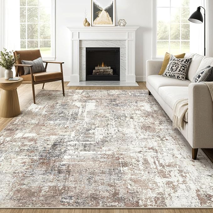 7x9 Area Rug Living Room: Machine Washable Large Abstract Soft Rugs Stain Resistant Indoor Floor Non Slip Accent Carpet for Bedroom Nursery Playroom Office Dining Room Dorm Home House- Brown
