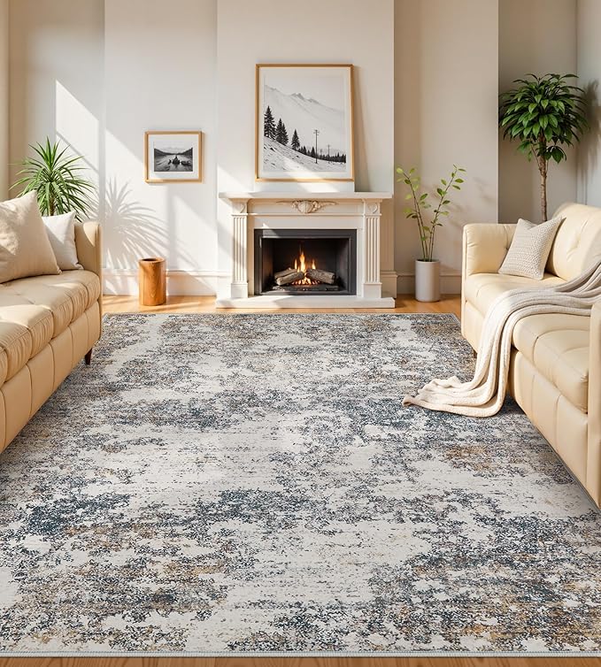 Area Rugs 9x12 Living Room - Modern Abstract Large Rugs for Living Room Non-Slip Low Pile Soft Machine Washable Carpet for Bedroom, Under Dining Table, Nursery, Farmhouse (9'x12' Tan Blue)
