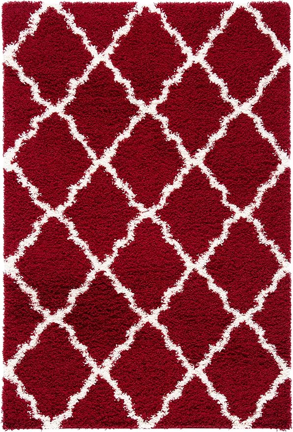 SAFAVIEH Dallas Shag Collection Area Rug - 6' x 9', Red & Ivory, Trellis Design, Non-Shedding & Easy Care, 1.5-inch Thick Ideal for High Traffic Areas in Living Room, Bedroom (SGD257Q)