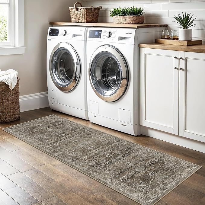 2x8 Runner Rug Grey Brown Vintage Washable Runner Rugs for Hallway Kitchen Low Pile Non-Slip Retro Distressed Accent Throw Carpet for Entryway Bathroom Bedroom Antique/Moss