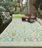 YIHOUSE Green Floral Print Rugs, Moroccan Trellis 10x14 Washable Large Rug, Modern Pastel Non Slip Ultra-Thin Area Rug for Classroom, Nursery Playroom,Dorm,Bedroom,Living Room, Green Multi